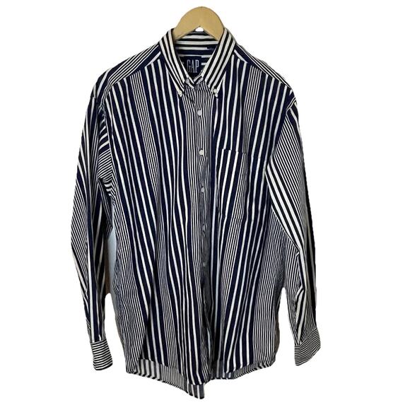 VTG 90s GAP Button Up Shirt Blue Vertical Stripe Classic Men Sz Med - Picture 1 of 13
